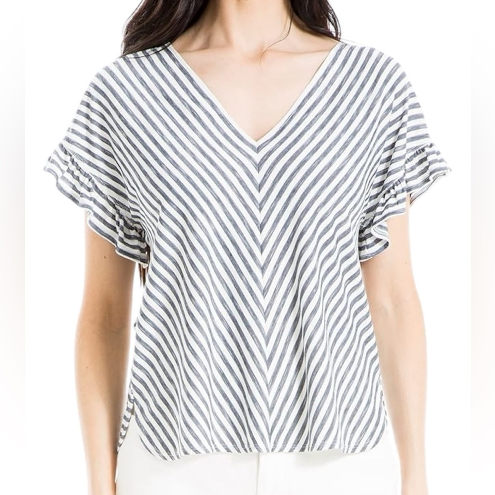 Max Studio London Flutter Sleeve V Neck Striped Top Gray White 1X